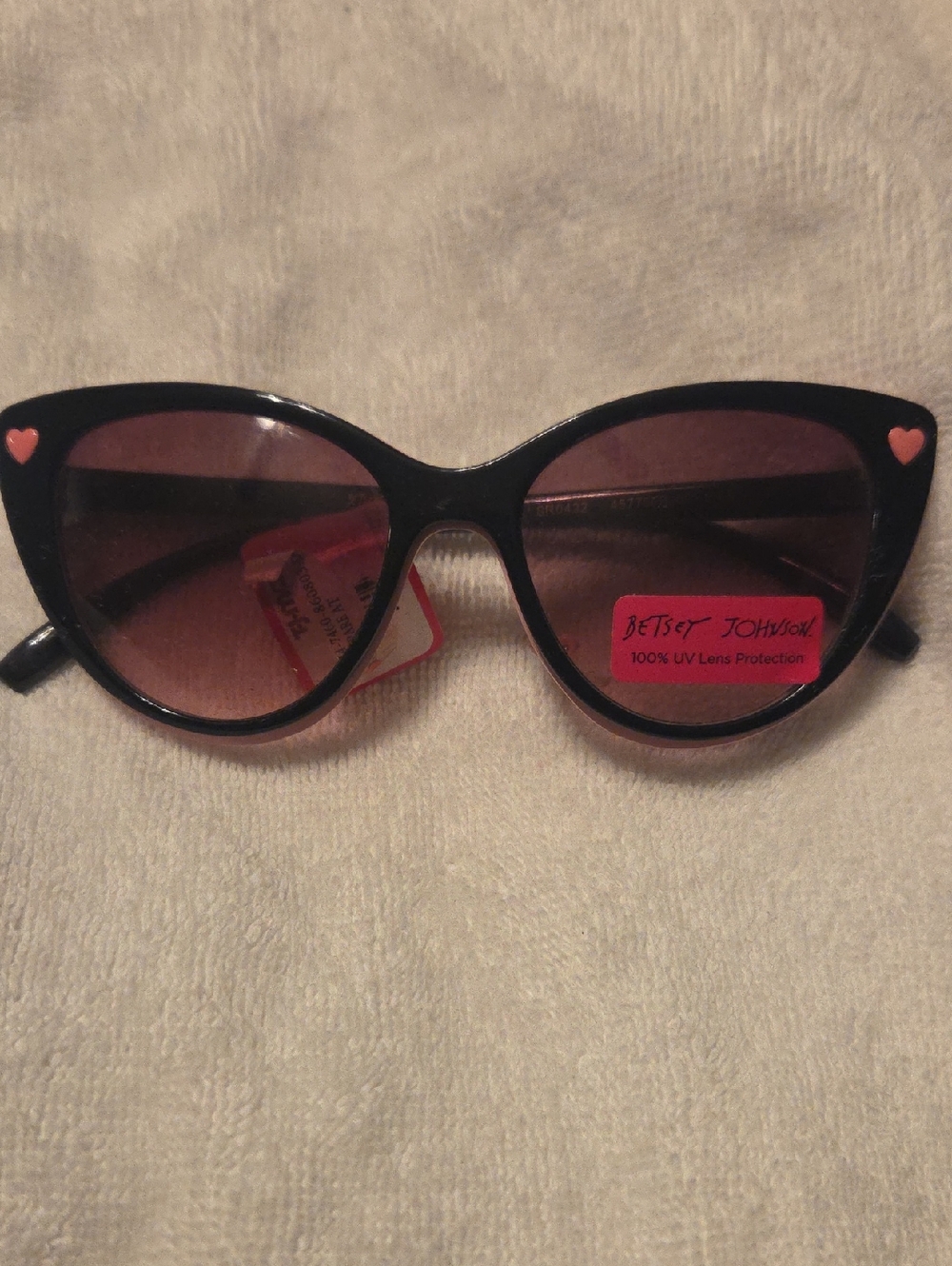 Betsey Johnson Black Cat-Eye Sunglasses with Pink Heart Details